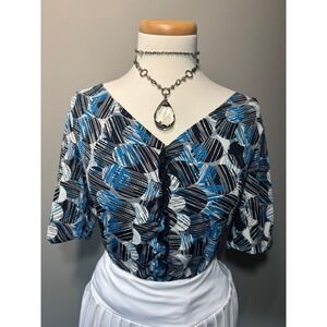 Y2K Style & Co. Womens Top Blue Black White Abstract Ruffle V‎ Neck Medium